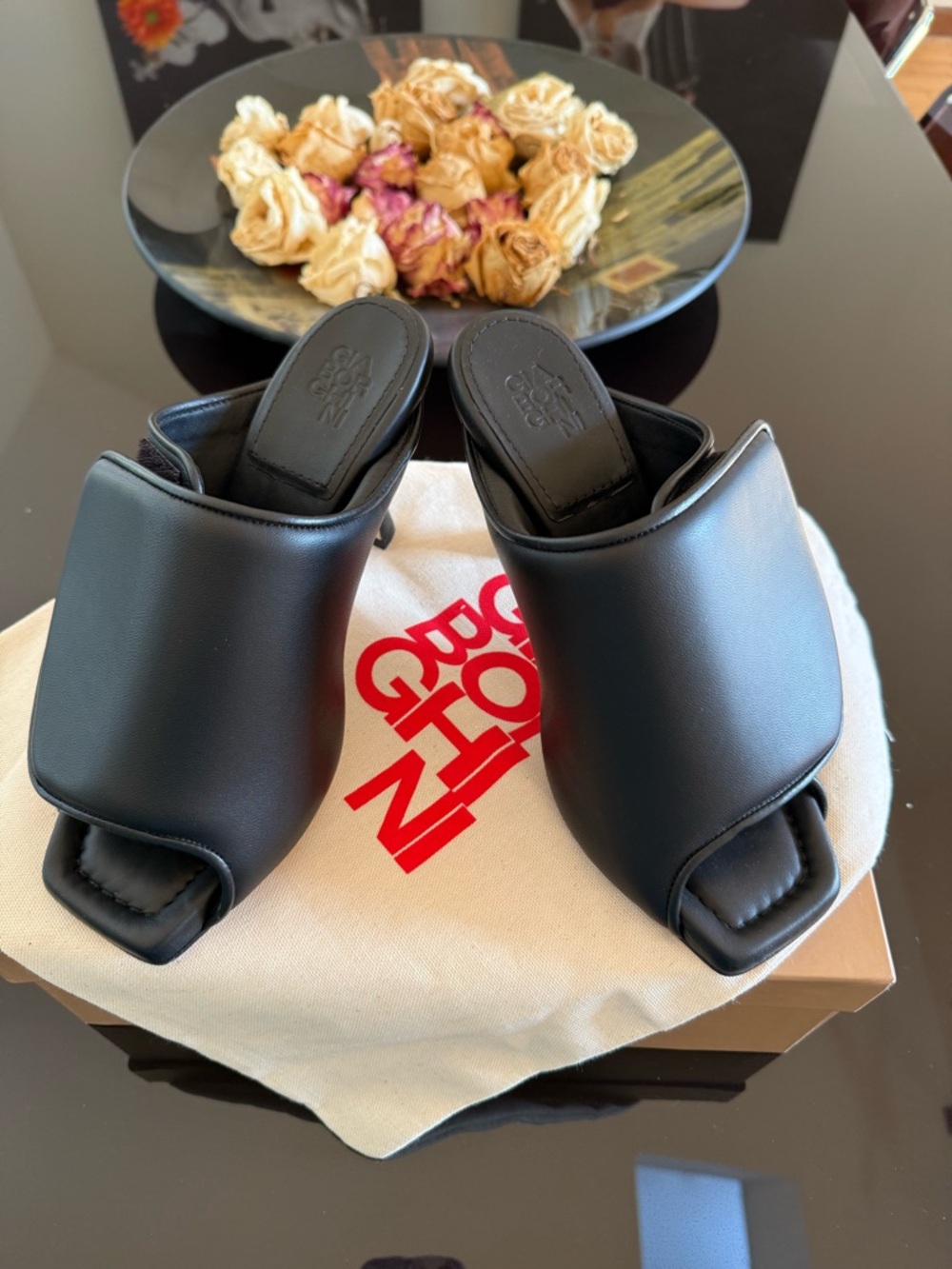 Gia Borghini Black Padded Square-Toe Mule Heels